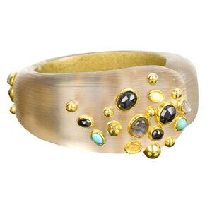 Alexis Bittar Hand Carved Jeweled Lucite Bangle Gold Multi-Stone Hinged Bracelet